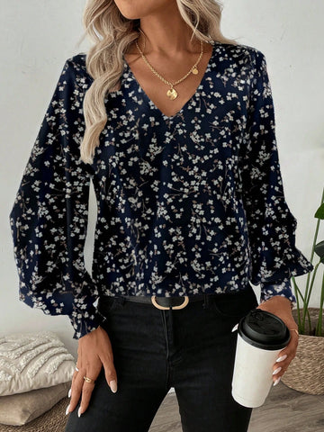 LUNE Navy Blue Ditsy Floral Long Sleeve V-Neck Women's Blouse