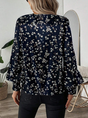 LUNE Navy Blue Ditsy Floral Long Sleeve V-Neck Women's Blouse