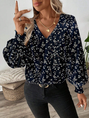 LUNE Navy Blue Ditsy Floral Long Sleeve V-Neck Women's Blouse