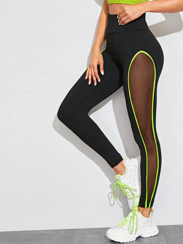 LUNE Neon Lime Contrast Binding Sheer Panel Leggings