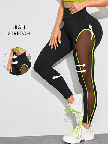 LUNE Neon Lime Contrast Binding Sheer Panel Leggings