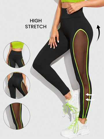 LUNE Neon Lime Contrast Binding Sheer Panel Leggings