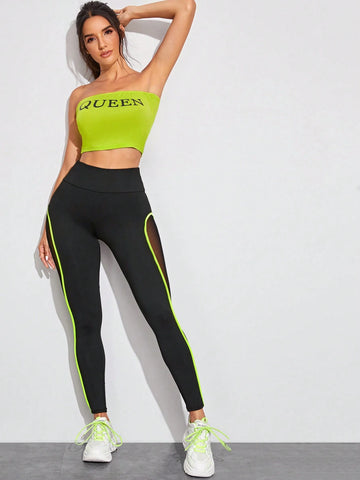 LUNE Neon Lime Contrast Binding Sheer Panel Leggings