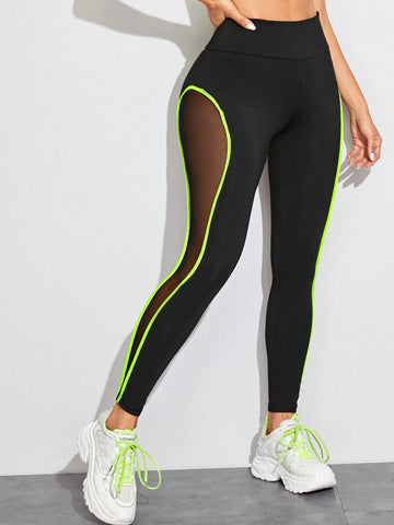 LUNE Neon Lime Contrast Binding Sheer Panel Leggings