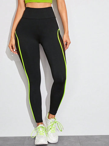 LUNE Neon Lime Contrast Binding Sheer Panel Leggings