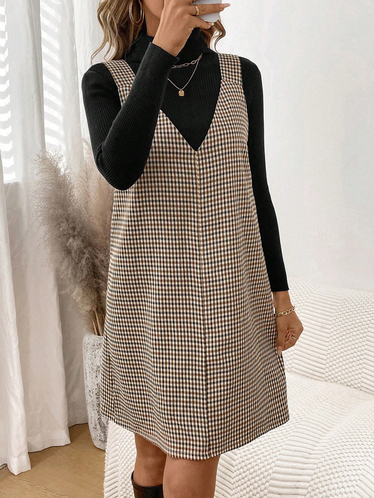 New Flannel Plaid Suspender Short Dress