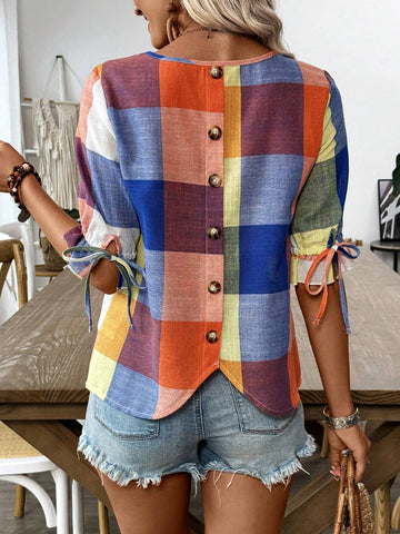 LUNE New Summer Rainbow Plaid Wide-Leg Cuff Tie-Dye Women's Loose Shirt