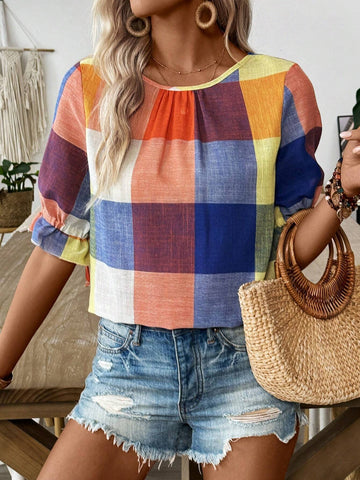 LUNE New Summer Rainbow Plaid Wide-Leg Cuff Tie-Dye Women's Loose Shirt