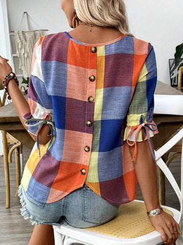 LUNE New Summer Rainbow Plaid Wide-Leg Cuff Tie-Dye Women's Loose Shirt