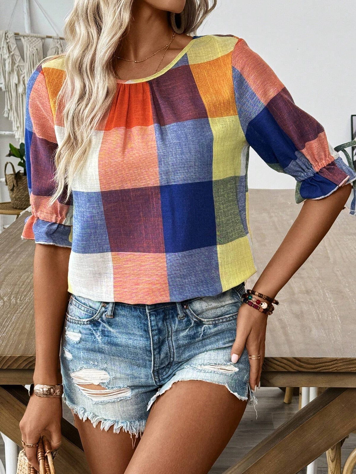 LUNE New Summer Rainbow Plaid Wide-Leg Cuff Tie-Dye Women's Loose Shirt