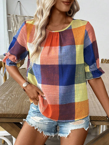 LUNE New Summer Rainbow Plaid Wide-Leg Cuff Tie-Dye Women's Loose Shirt