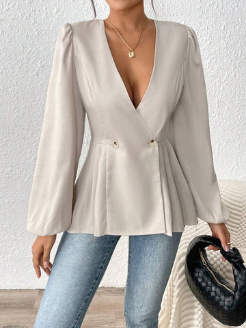 LUNE New V-Neck Ruffle Hem Long Sleeve Casual Blouse With Elastic Cuffs, Elegant & Versatile Women Shirt