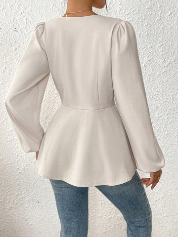 LUNE New V-Neck Ruffle Hem Long Sleeve Casual Blouse With Elastic Cuffs, Elegant & Versatile Women Shirt