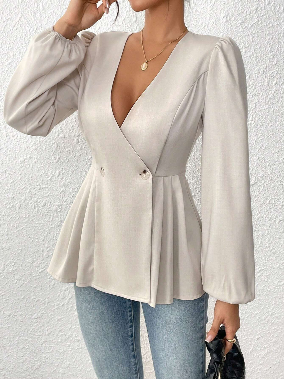 LUNE New V-Neck Ruffle Hem Long Sleeve Casual Blouse With Elastic Cuffs, Elegant & Versatile Women Shirt