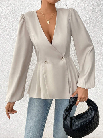 LUNE New V-Neck Ruffle Hem Long Sleeve Casual Blouse With Elastic Cuffs, Elegant & Versatile Women Shirt
