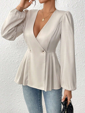 LUNE New V-Neck Ruffle Hem Long Sleeve Casual Blouse With Elastic Cuffs, Elegant & Versatile Women Shirt