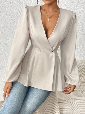 LUNE New V-Neck Ruffle Hem Long Sleeve Casual Blouse With Elastic Cuffs, Elegant & Versatile Women Shirt