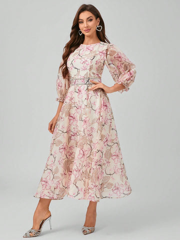 Non-Positional Flower Round Neck Lantern Sleeve Dress With Floral Print, Waist Belt And Beaded Tie, Elegant And Graceful Maxi Formal Dress