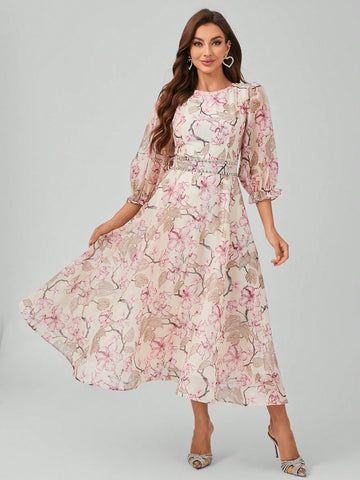 Non-Positional Flower Round Neck Lantern Sleeve Dress With Floral Print, Waist Belt And Beaded Tie, Elegant And Graceful Maxi Formal Dress