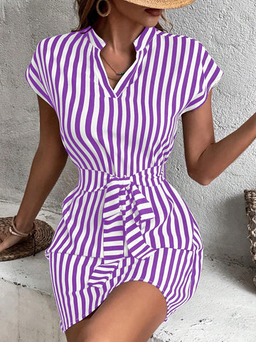 Notched Collar Striped Floral Print Summer Short Sleeve Dress