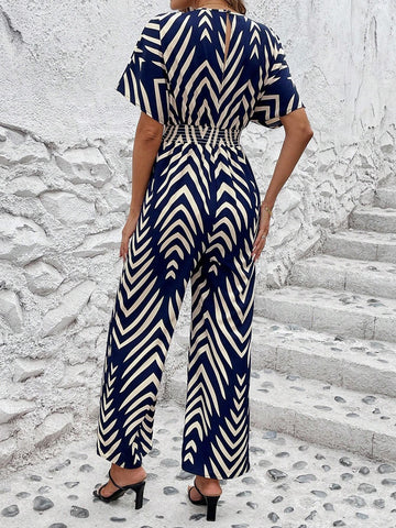 Off-Shoulder Front Cross Shirred Back Tie Two-Tone Printed Women's Jumpsuit