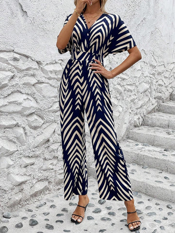 Off-Shoulder Front Cross Shirred Back Tie Two-Tone Printed Women's Jumpsuit
