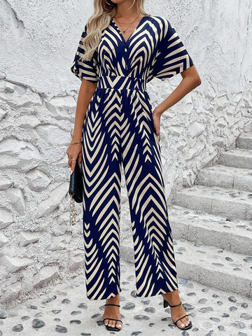 Off-Shoulder Front Cross Shirred Back Tie Two-Tone Printed Women's Jumpsuit