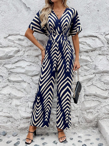 Off-Shoulder Front Cross Shirred Back Tie Two-Tone Printed Women's Jumpsuit