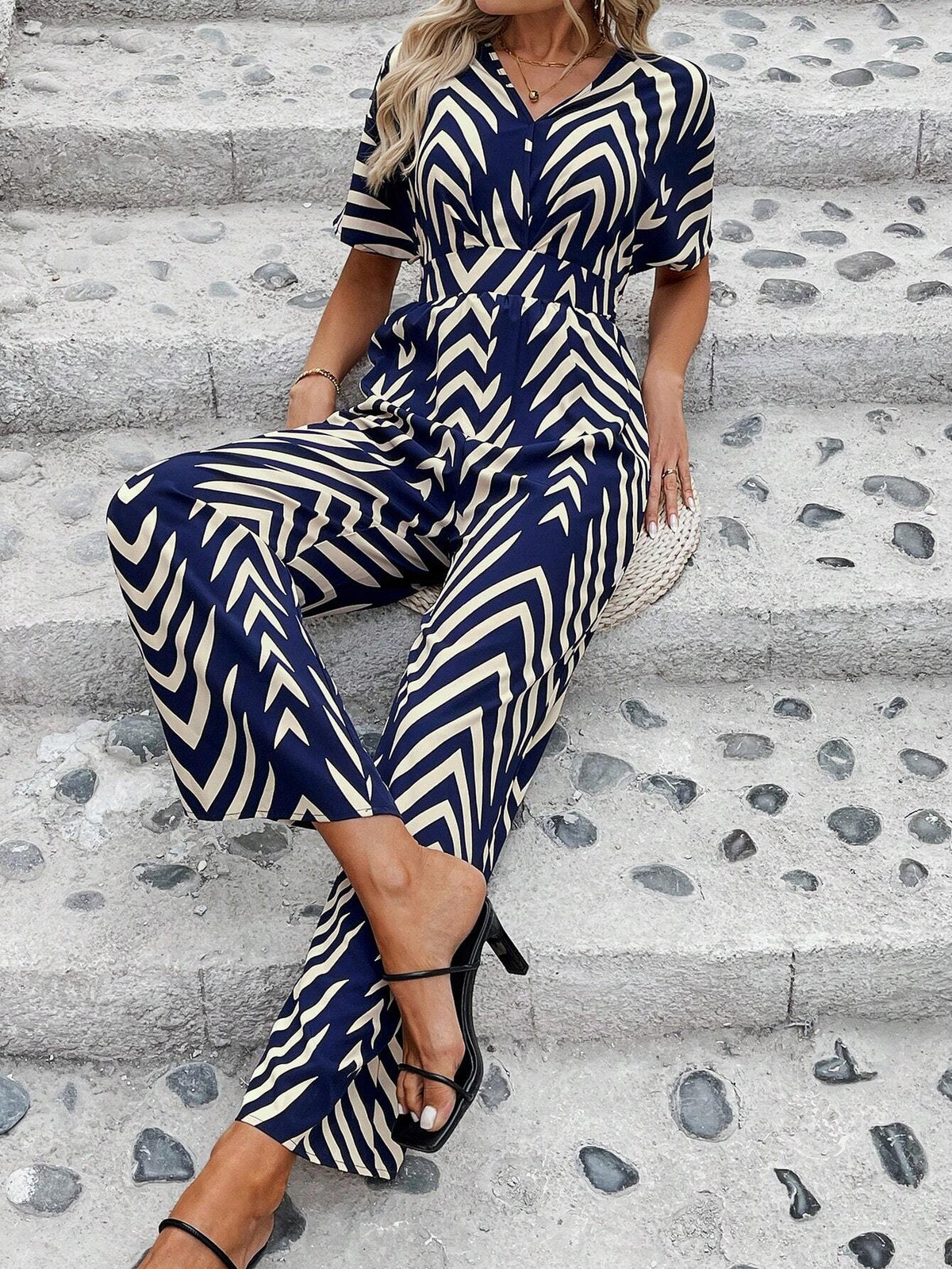 Off-Shoulder Front Cross Shirred Back Tie Two-Tone Printed Women's Jumpsuit