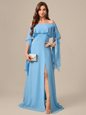 Off Shoulder Chiffon Evening Dress With Draped Detailing And Back Tie