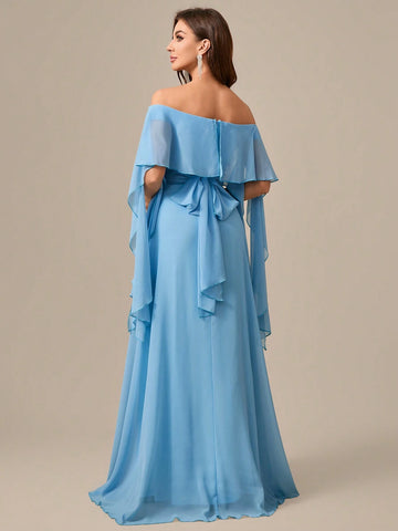 Off Shoulder Chiffon Evening Dress With Draped Detailing And Back Tie
