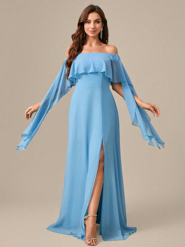 Off Shoulder Chiffon Evening Dress With Draped Detailing And Back Tie