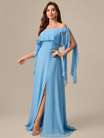 Off Shoulder Chiffon Evening Dress With Draped Detailing And Back Tie