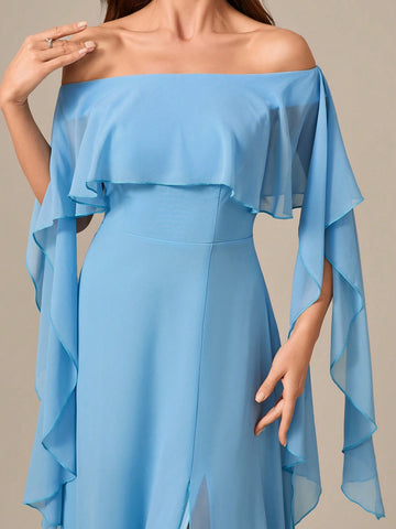 Off Shoulder Chiffon Evening Dress With Draped Detailing And Back Tie