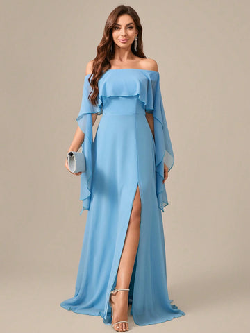 Off Shoulder Chiffon Evening Dress With Draped Detailing And Back Tie