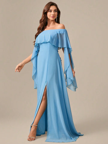 Off Shoulder Chiffon Evening Dress With Draped Detailing And Back Tie