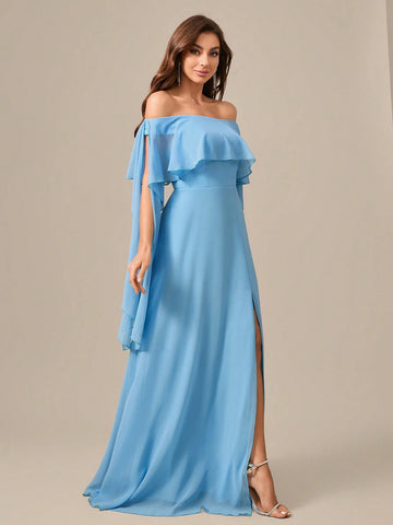 Off Shoulder Chiffon Evening Dress With Draped Detailing And Back Tie