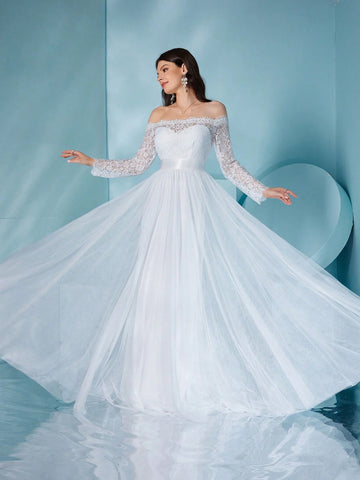 Off Shoulder Lace And Mesh Long-Sleeved Dress, Perfect For Wedding Or Formal Occasions