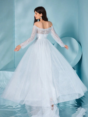 Off Shoulder Lace And Mesh Long-Sleeved Dress, Perfect For Wedding Or Formal Occasions