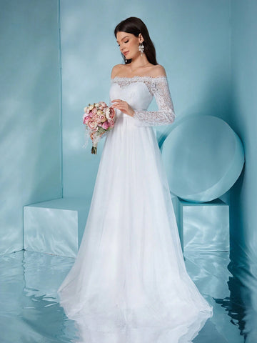 Off Shoulder Lace And Mesh Long-Sleeved Dress, Perfect For Wedding Or Formal Occasions