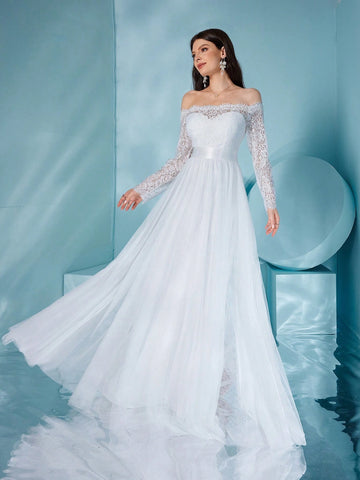 Off Shoulder Lace And Mesh Long-Sleeved Dress, Perfect For Wedding Or Formal Occasions