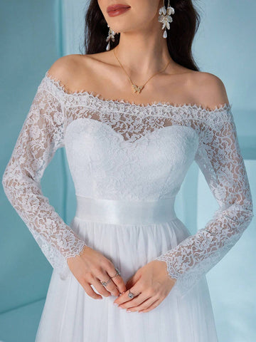 Off Shoulder Lace And Mesh Long-Sleeved Dress, Perfect For Wedding Or Formal Occasions