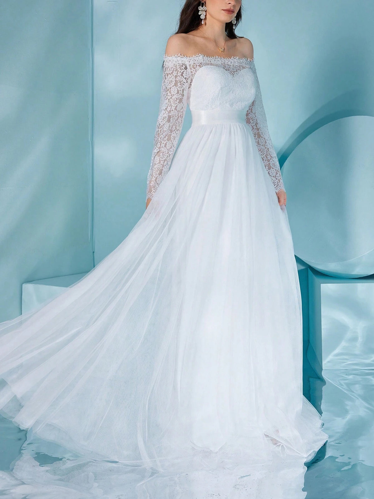 Off Shoulder Lace And Mesh Long-Sleeved Dress, Perfect For Wedding Or Formal Occasions