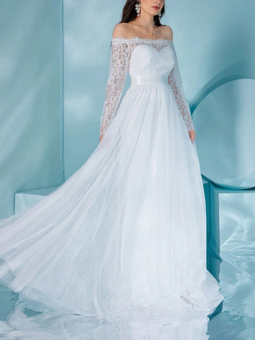 Off Shoulder Lace And Mesh Long-Sleeved Dress, Perfect For Wedding Or Formal Occasions