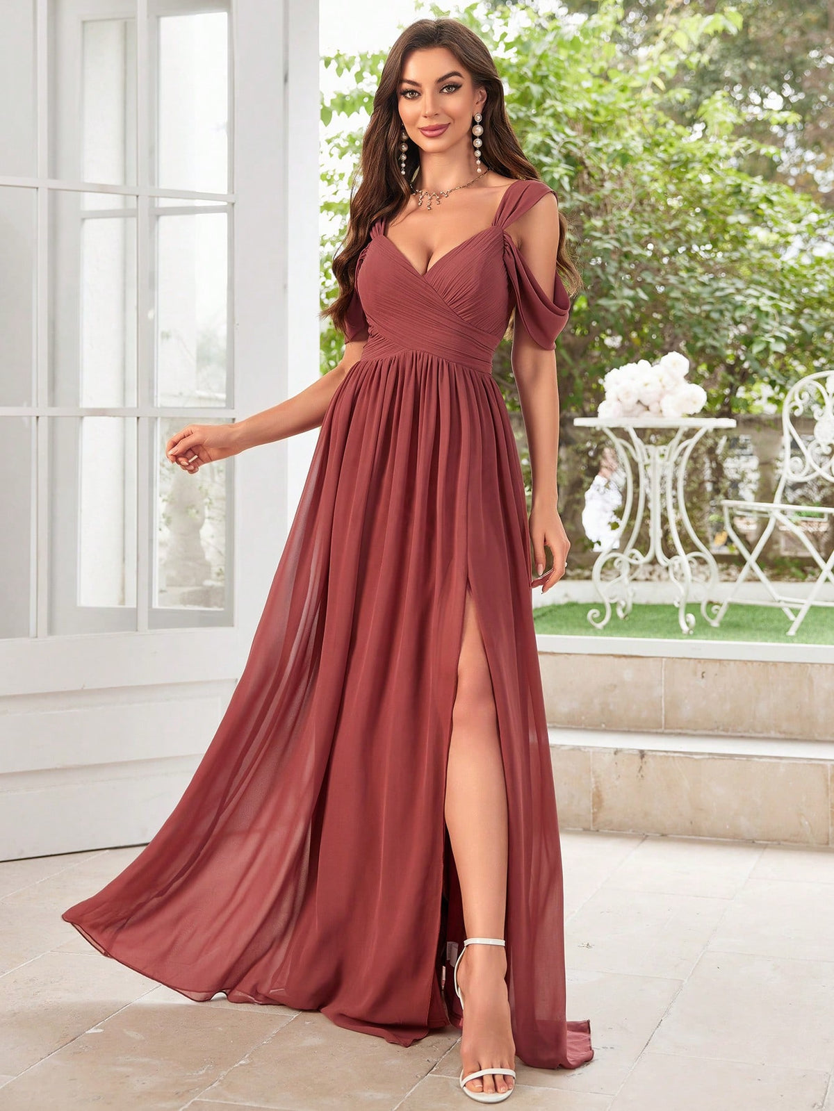 Off Shoulder Short Sleeve Chiffon Bridesmaid Dress