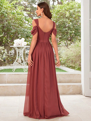 Off Shoulder Short Sleeve Chiffon Bridesmaid Dress