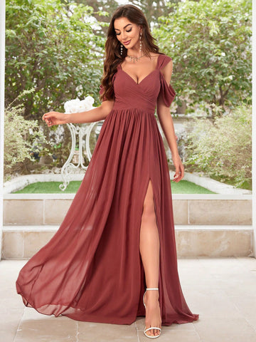 Off Shoulder Short Sleeve Chiffon Bridesmaid Dress