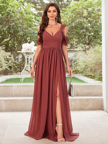 Off Shoulder Short Sleeve Chiffon Bridesmaid Dress