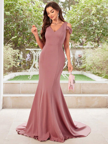 Off Shoulder V-Neck Big Swing Floor Length Mermaid Hem Bridesmaid Dress