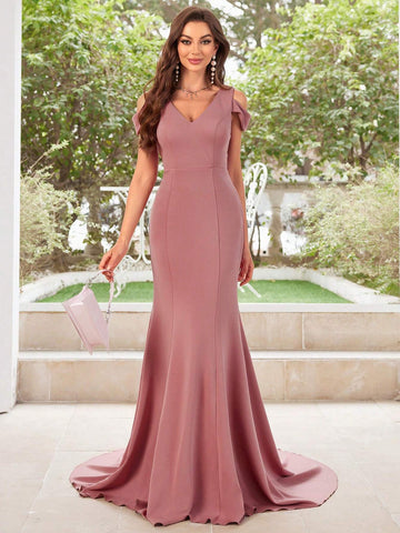 Off Shoulder V-Neck Big Swing Floor Length Mermaid Hem Bridesmaid Dress